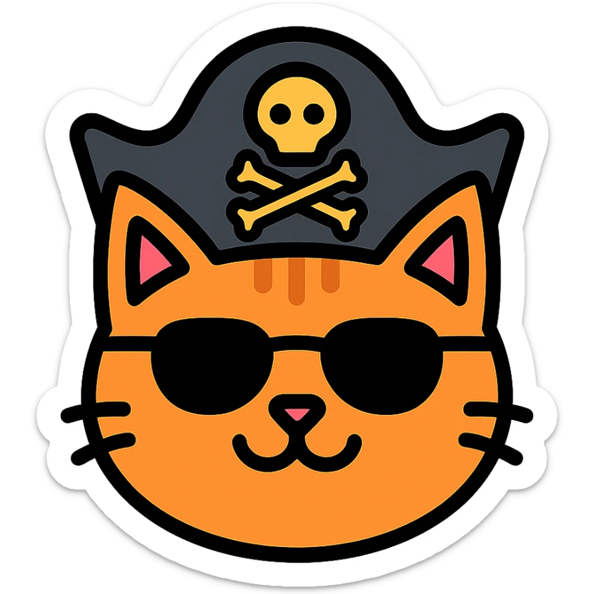 color outline icon of a cat wearing sunglasses and a pirate hat sticker