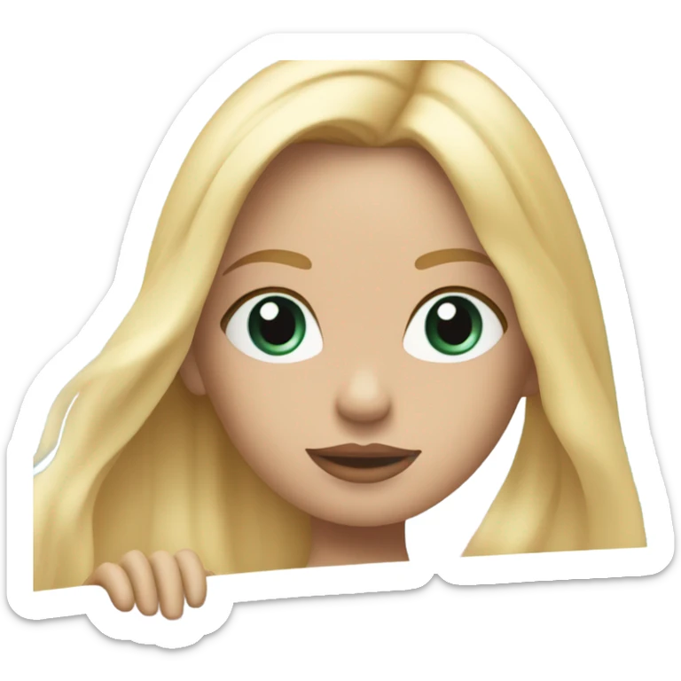 A French girl on a light blue surfboard. hazel eyes. Blond hair, pink lips sticker