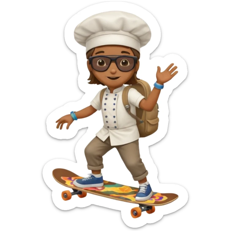 ["A happy boy with brown skin, straight hair, wearing a chef hat and sunglasses, dressed in hippie fashion, is skateboarding while holding a backpack."] sticker