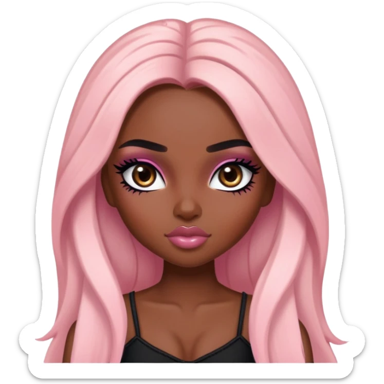  long hair, dark skin skin, dark brown eyes, pretty bratz baddie, black eyeliner, blush sticker
