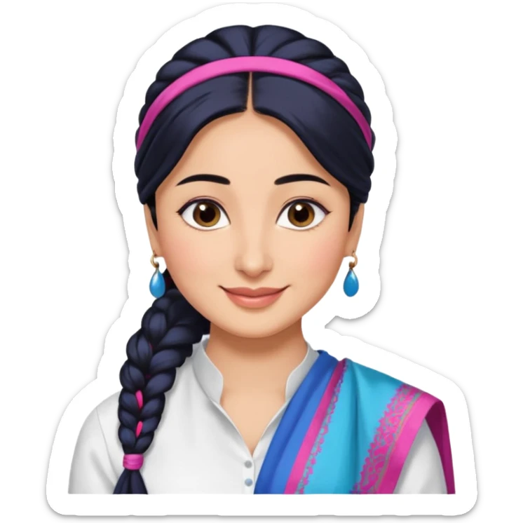 generate a pretty bratz emoji that looks like Kareena Kapoor's Geet character. 
Make her wear a white shirt with a colorful blue-pink dupatta wrapped around her neck. smiling big. Black hair tied into a side part ponytail

She should look exactly  like Kareena Kapoor sticker