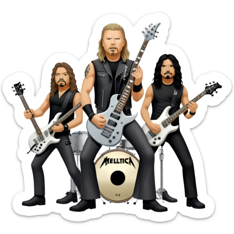 Icon for Metal Music: Metallica band members detailed in their signature look. James Hetfield with guitar, Lars Ulrich on drums, Kirk Hammett with his electric guitar, and Robert Trujillo playing bass. Bold, energetic style with musical notes, all in a heavy metal aesthetic. Transparent background. sticker