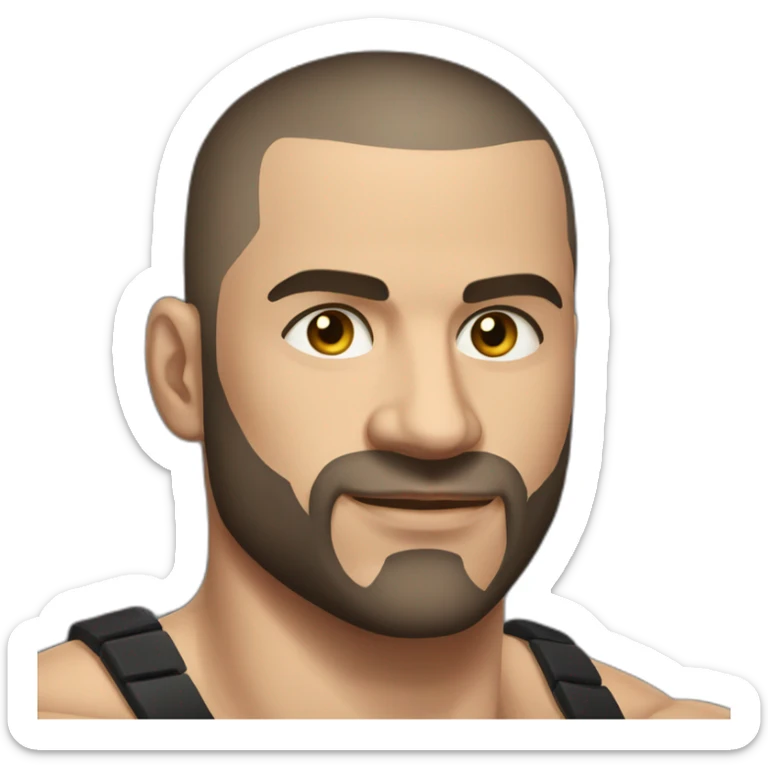 Russian muscular man aged 30 wearing gold chain with black buzz cut hair and short beard sticker