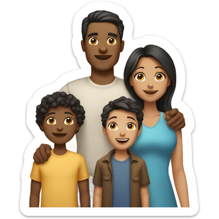 A family of five, mother with black hair and light skin, father bronzed skin and brown hair, middle daughter light skin and brown hair, small son and big son bronze skin and brown hair sticker