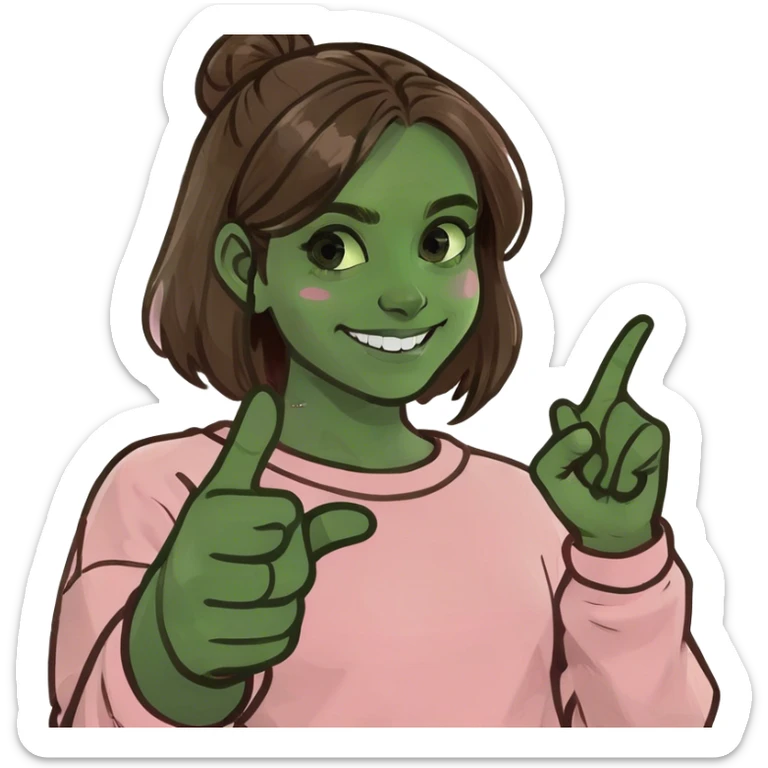 A girl with brown hair and white skin is smiling, pointing her index finger, and wearing a pink sweatshirt sticker