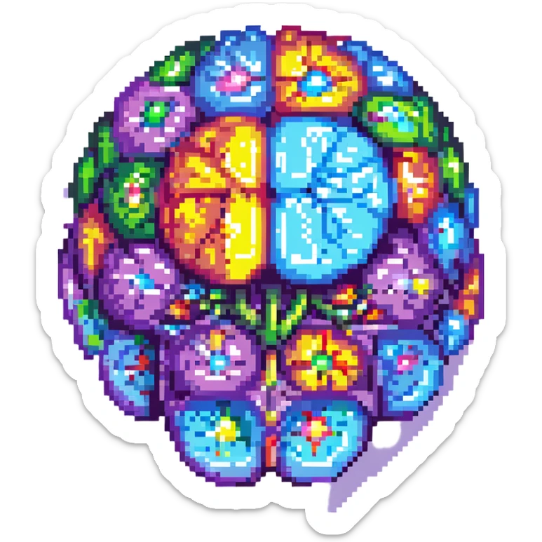 Add a colorful, vibrant core to the brain, making the center of the crystal brain glow with multiple bright colors, in pixel art style, with no background. sticker