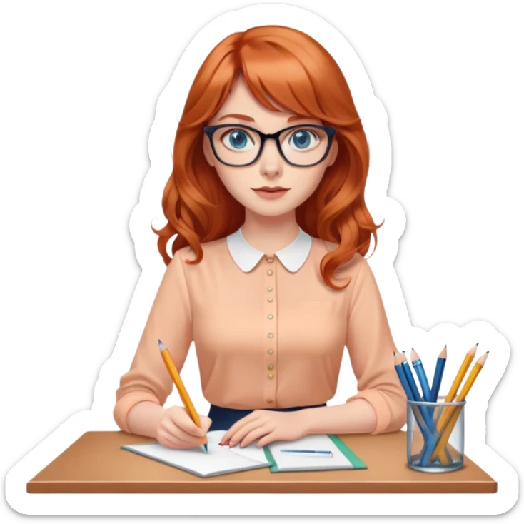 redheaded woman with long wavy hair and bangs, blue eyes and cat-eye glasses, wearing a pencil skirt and apricot blouse, holding a pencil sticker