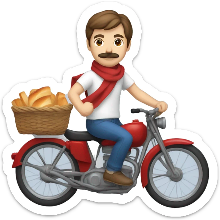 white man with brown hair a moustache and wearing a white t-shirt with several horizontal blue stripes, on a bike, wearing a red scarf and holding a baguette sticker