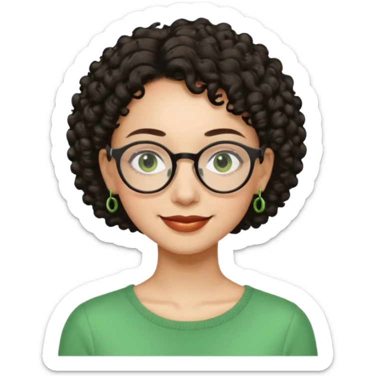 Very slim woman, light skin, short dark curly hair, black round glasses, green earrings, thin build, warm smiling face. Cartoon style. sticker