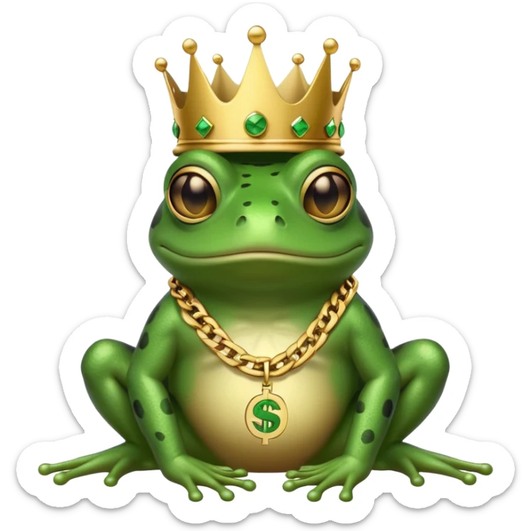 gangster frog wearing a gold crown, cool sunglasses, gold chain, dollar sign chain sticker