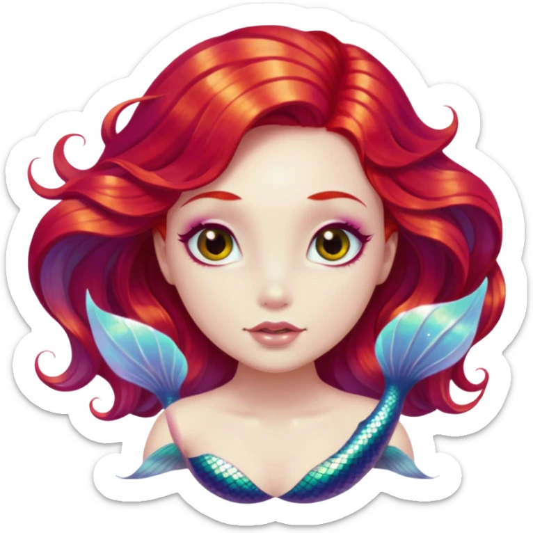 Cinematic Realistic Red Hair Mermaid Portrait, depicted with lifelike porcelain white skin that glows with an ethereal radiance, enhanced by soft underwater lighting. Her intricately detailed, flowing red hair cascades like liquid fire, framing deep, soulful eyes that mirror the mysteries of the deep sea. Accented by shimmering, iridescent scales and delicate aquatic embellishments, the portrait features an enchanting underwater glow that marries realism with mythic ocean elegance. sticker