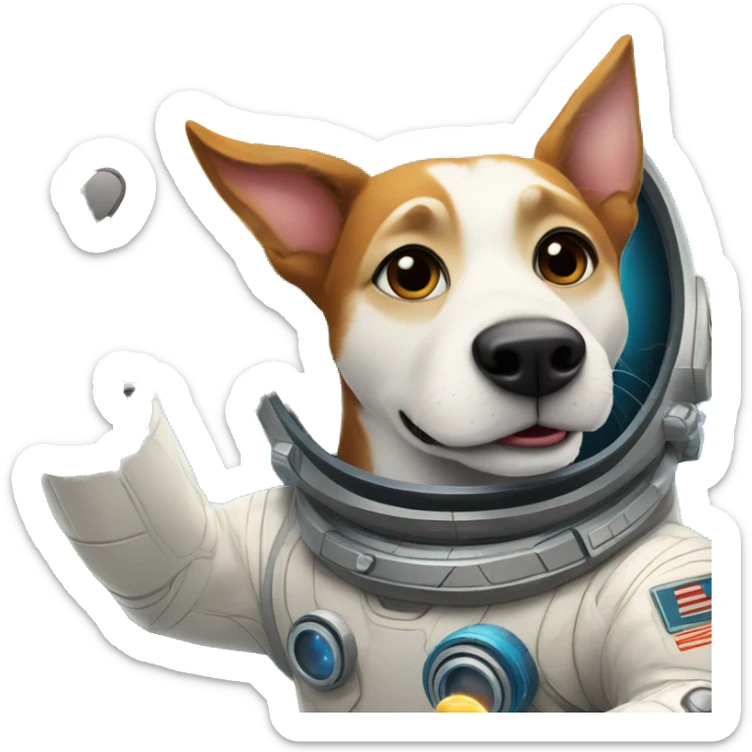 Space dog Laika in sci-fi style on the background of a spaceship waving with his paw  sticker