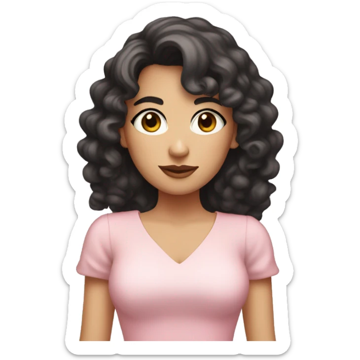 White woman with long black curly hair and bangs and dark brown eyes, wearing a pastel pink dress sticker