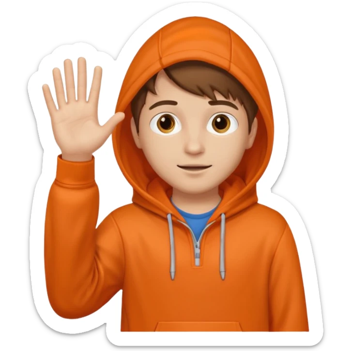 Brown hair boy in orange hoodie waving hi sticker