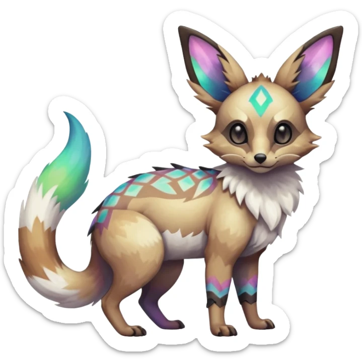 Rare iridescent white exotic epic aesthetic colorful Trico-Eevee-Genet-species-Fakemon-hybrid-creature, with intricate tattoo markings, full body sticker