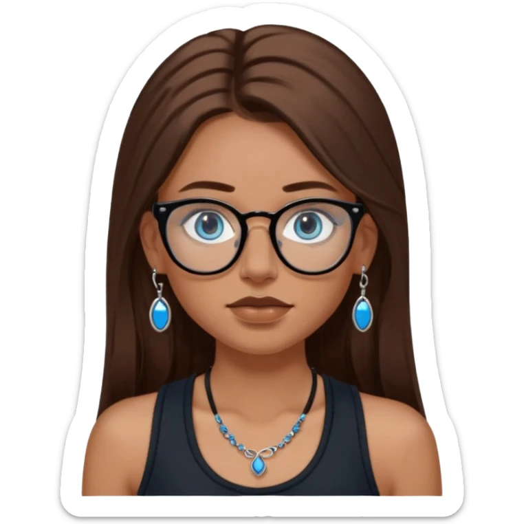 White girl with long brown hair, part going more to the RIGHT side, BLUE eyes, wearing BLACK plastic frame glasses. SEPTUM nose piercing hoop (at bottom of nose) AND stud nose piercing on right side of nose. Wearing BLACK tank top. No other jewelry sticker