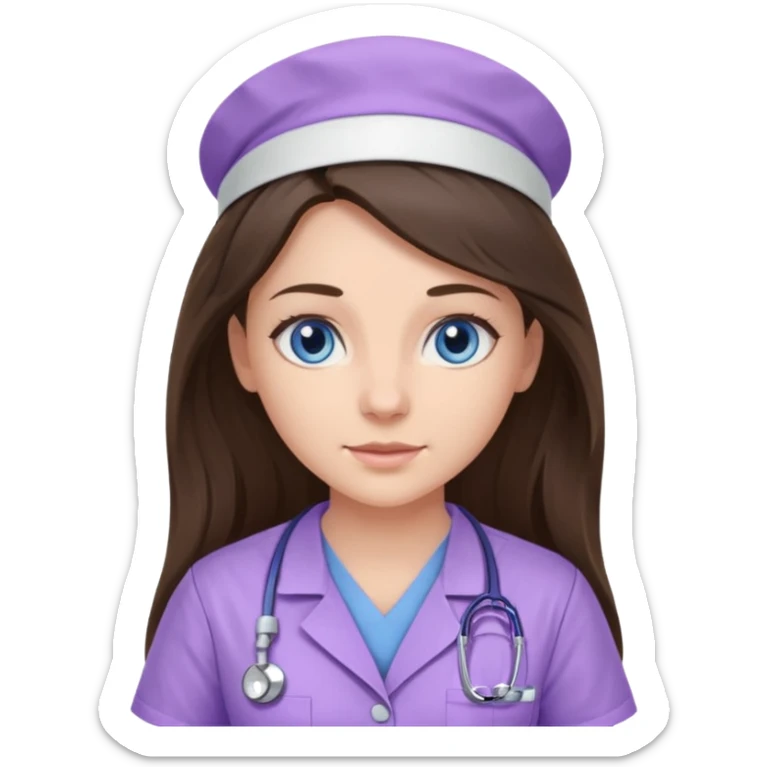 pretty brunette nurse with long hair and blue eyes in lilac scrubs sticker
