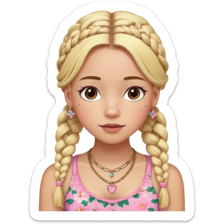 A girl whit freckles and a blush whit two braids blonde a necklace and a pink croptop and a cute flower skirt short sticker