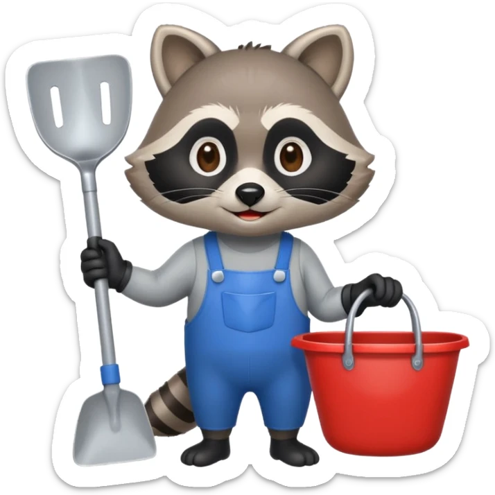 raccoon emoji with gloves, holding a dustpan, friendly and simple, apple emoji style sticker