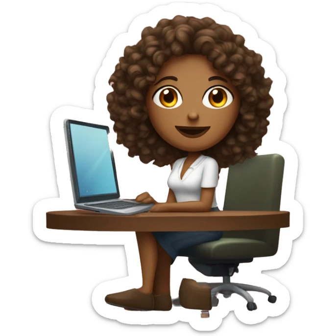 a woman with curly brown hair, not dark olive skin, with a computer in front of her, sitting cross-legged and with a glass of wine or a cocktail beside her sticker