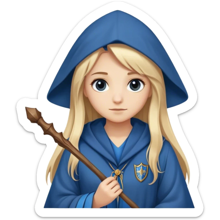 Girl with Long straight light blond hair with a ravenclaw Robe and a wooden small wand sticker