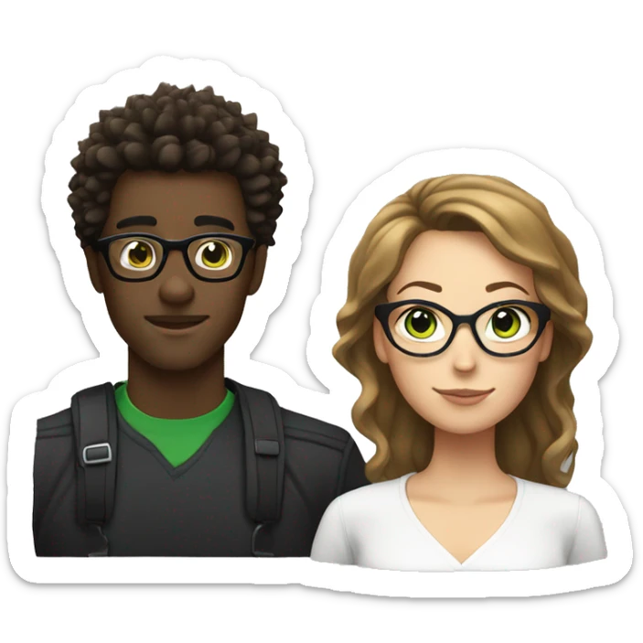 black male with spikey hair and glasses and white female with brown wavy hair , green eyes and glasses sticker