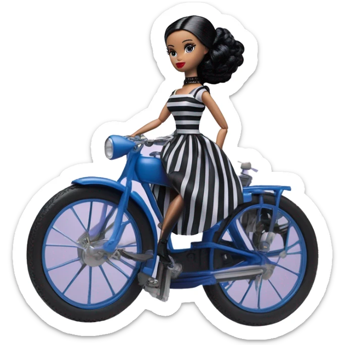1920s black hair Silkstone Marie Antoinette Barbie Wednesday Addams from academy in a blue and black vertically-striped classic dress. riding hot rod bikes with crows sticker