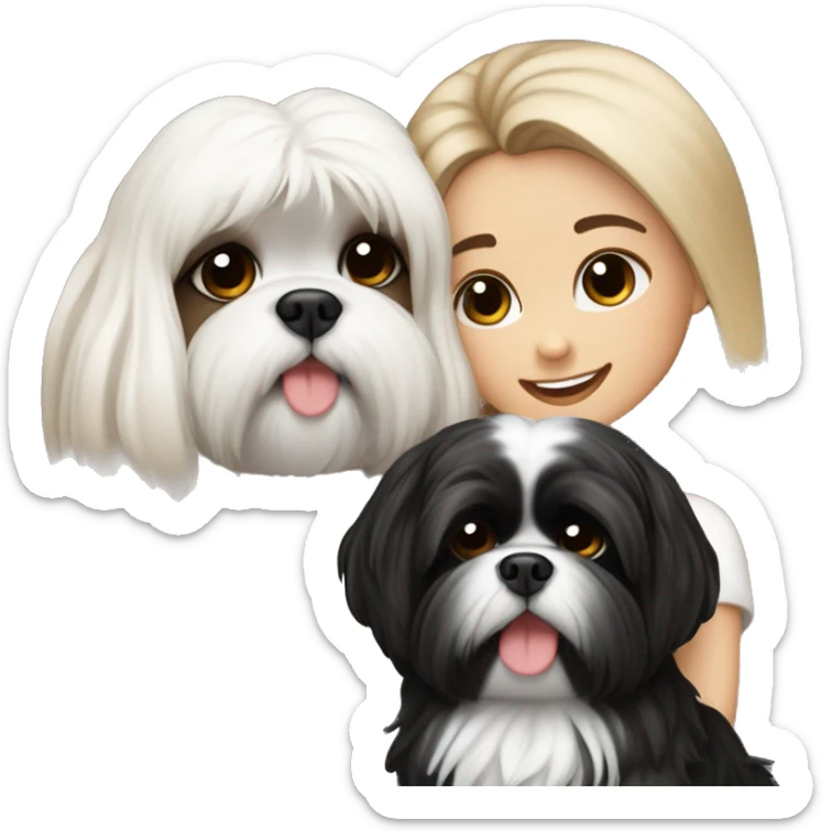 A couple, one very beautiful girl with very long volume hair brown and blond and one boy with perfect hair that hugs her and also hug two black and white shih tzu and they are in love  sticker