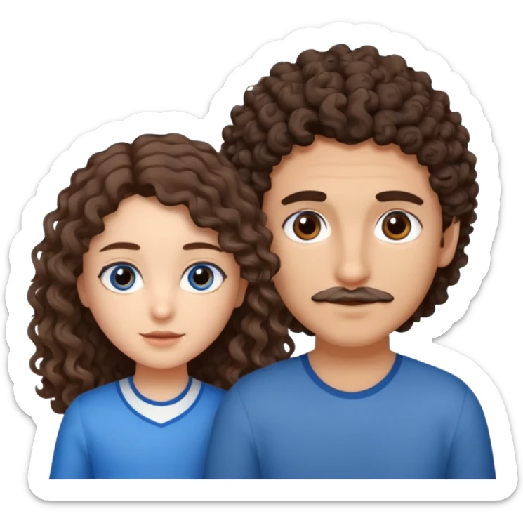 make a couple with the boy taller then the girl and the boy is mexican with brown eyes and brown hair slightly wavy/curly and some front hairs gray and then girl with blue eyes with brown long curly hair and she is white  sticker
