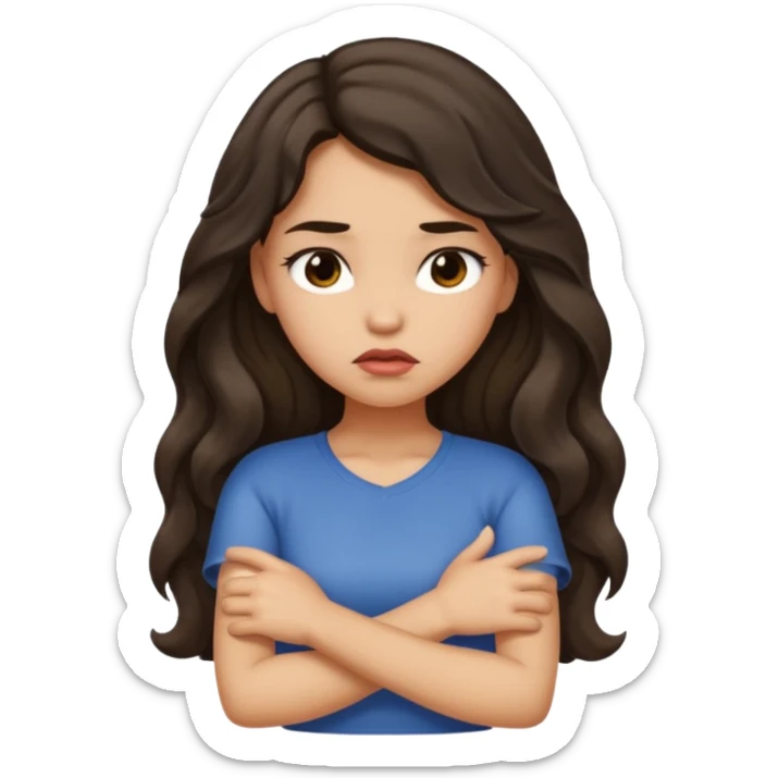 Light tan girl with dark, long, wavy hair crossing her arms and pouting sticker