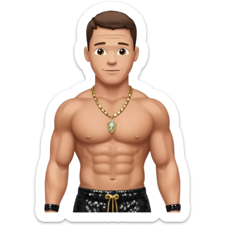 John Cena with black sequin baggy pants, shirtless with necklace, brown hair sticker