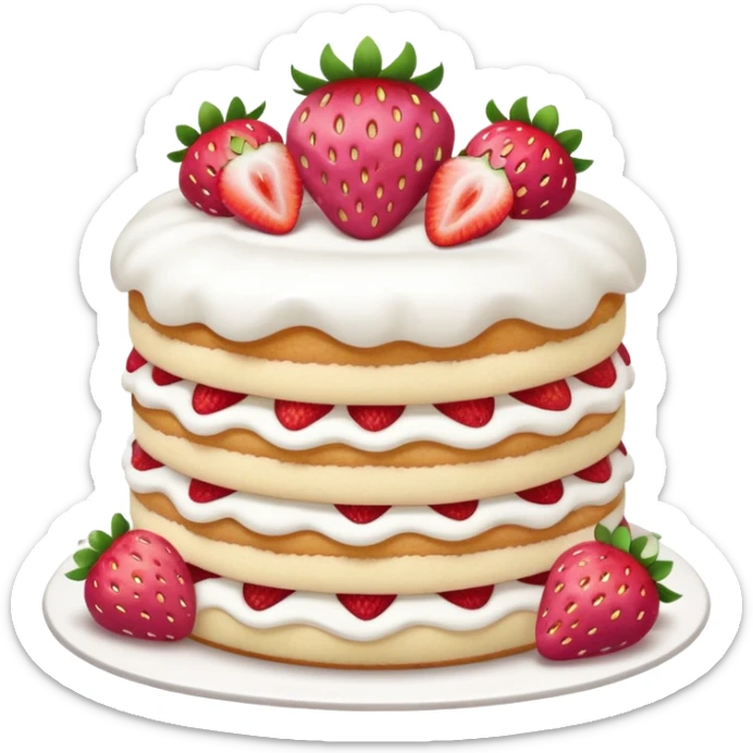 A pink strawberry shortcake that has 3 layers and is round with fluffy white icing  sticker