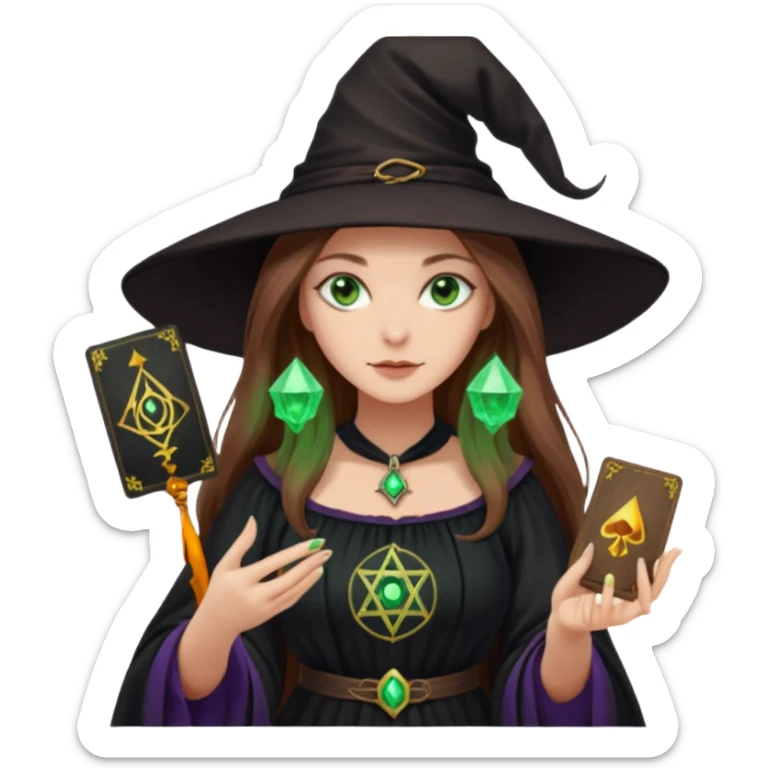 dark witch girl with long light brown hair and green eyes and Tarot cards sticker