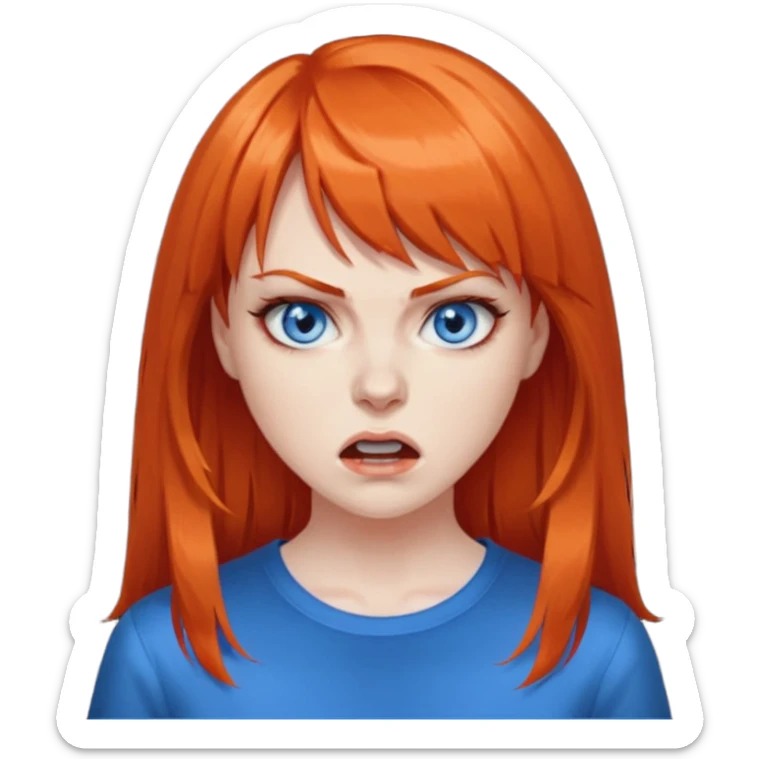 A woman with dark orange hair and bangs, blue eyes, an asmr streamer, angry, sticker