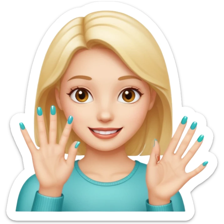 a girl happily showing off her new nail, focus on her hand with a bright nail, cheerful expression sticker