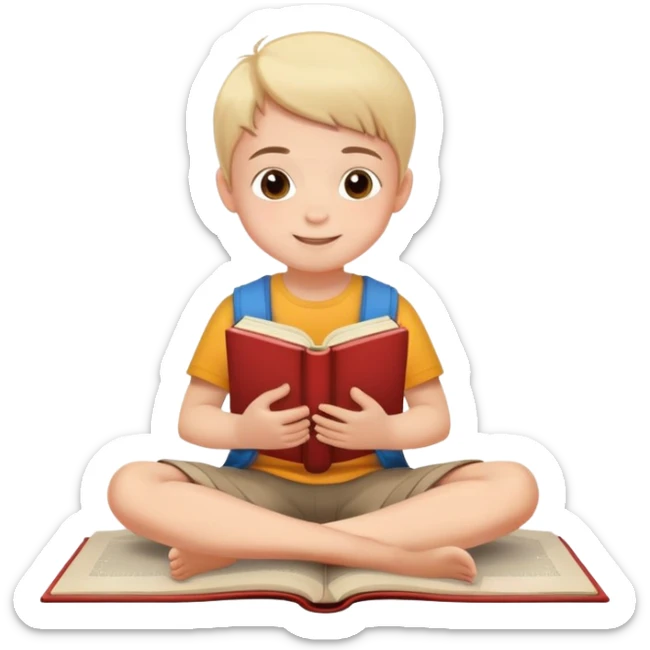 child sitting cross-legged on the floor, cheerful and calm, with a book in hand sticker
