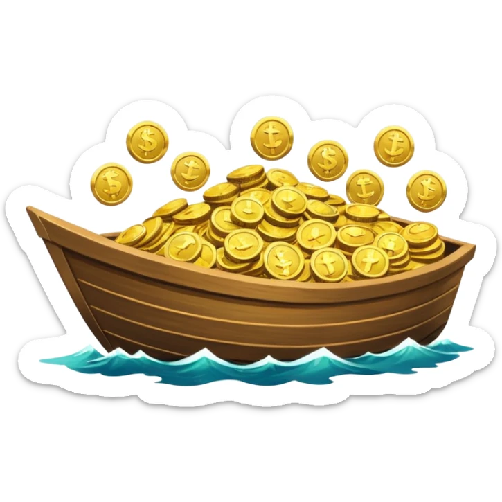 emoji of gold coins on the boat in the sea sticker