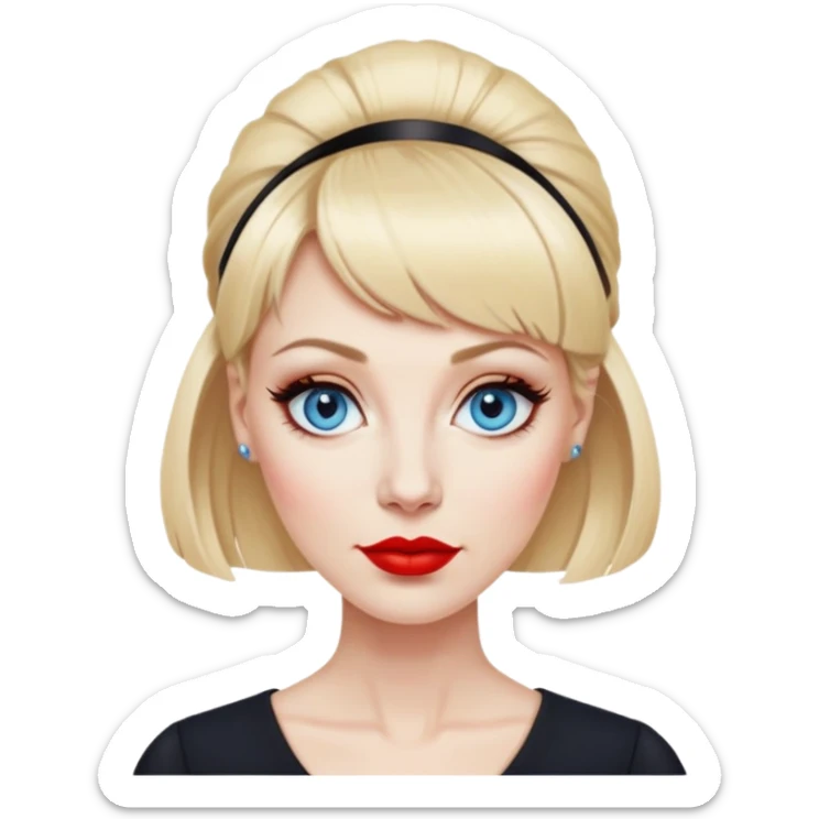 Woman in her early 50s with pale skin, wider face, blue eyes with eyeliner, thin eyebrows, red lipstick, blonde updo hair with bangs, wearing a black top sticker