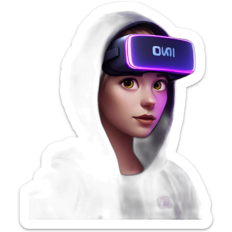 Russian girl wearing a black hoodie with "OMG" letters on it and VR headset in a cyberpunk VR environment with violet neon lighting. sticker