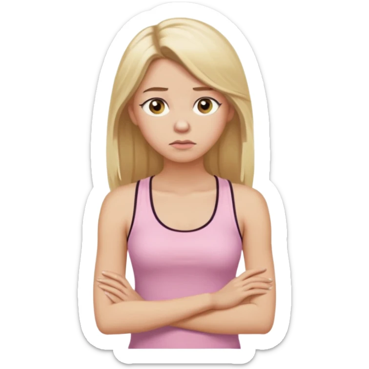 Create a young woman with long blonde hair, golden eyes, and medium-light skin tone, wearing a light pink tank top and leggings. She should be in portrait mode, but with a subtle doubting facial expression—slightly raised eyebrow, small frown, .  and her hand next to her chin like a thinker sticker