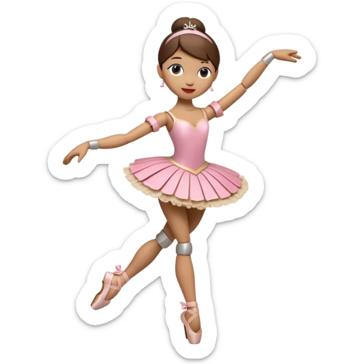3D render of Ballerina Puppet as a wooden marionette puppet, Wood joints at knees, dancing pose, silver metal screw joints at elbows and knees, polished brown wood texture, rigid toy pose, Apple emoji style, isolated on white background --v 6.0. sticker