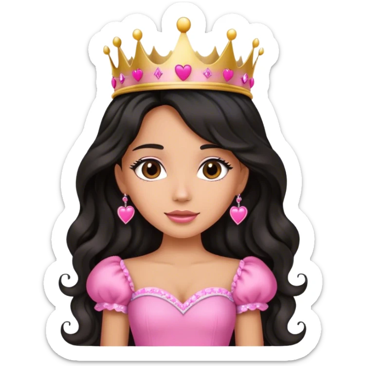 Very tanned princess, with long black wavy hair and a crown, a pink princess Outfit. In love with hearts sticker