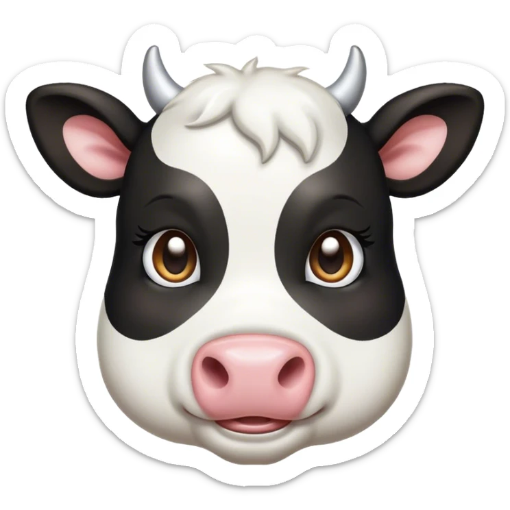 Cinematic Cute Black and White Cow Portrait Emoji, Head tilted playfully and inquisitively, featuring a glossy, contrasting coat of black and white, round, sparkling brown eyes filled with gentle curiosity, Simplified yet irresistibly adorable features, highly detailed, glowing with a warm, friendly glow, high shine, affectionate and serene, stylized with a touch of contemporary charm, bright and endearing, soft glowing outline, capturing the essence of a mischievous yet loving cow, so playful it feels like it could moo out of the screen and into your arms! sticker