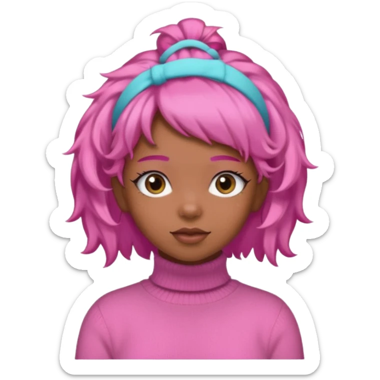 black fluffy haired girl with pink turtleneck sweater and pink hair band sticker