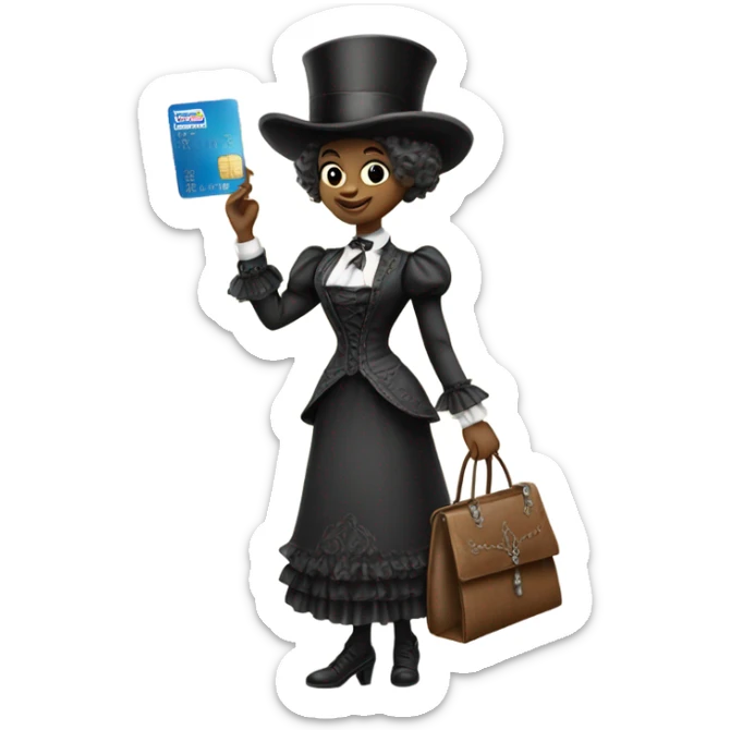 galora in Victorian dress elegant, full body, holding big credit card sticker