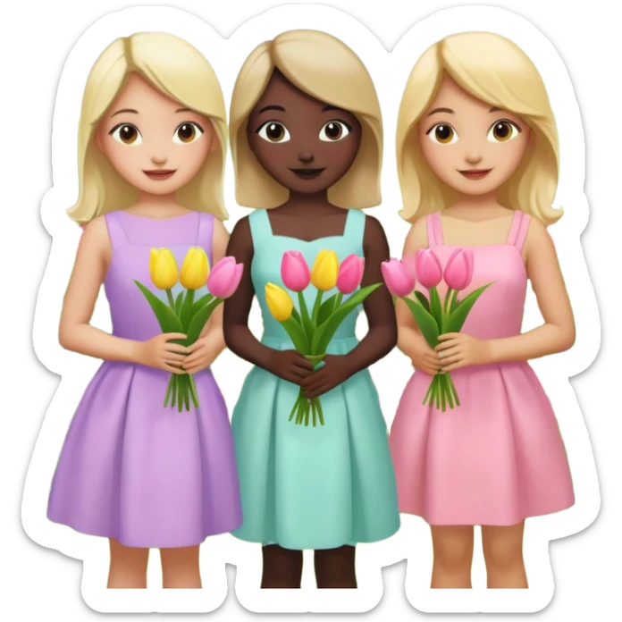5 girls at a garden party wearing pastel dresses and holding tulips, one is black one is blond, one is asian, one is latina sticker