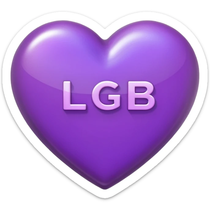 A photograph of a high-quality 3D purple heart-shaped emoji with a polished, glossy finish.The texture is smooth and candy-like, with a glass-like sheen that gives it a modern, high-end aesthetic. Add text as "LGB" in centre of heart sticker