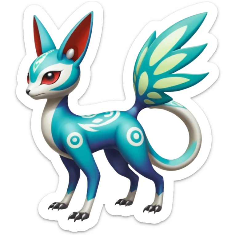 Shiny Colorful Futuristic Oriental Painted Asian Vernid-Trico-Meloetta-Latias-Koraidon-Peppercat-Protogen-Pokémon-Digimon-Fakémon-fusion-hybrid-creature sticker