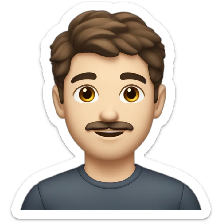 A young Caucasian man with dark brown eyes, almond-shaped eyes, short dark brown hair, and a small dark brown beard with a more prominent mustache. sticker