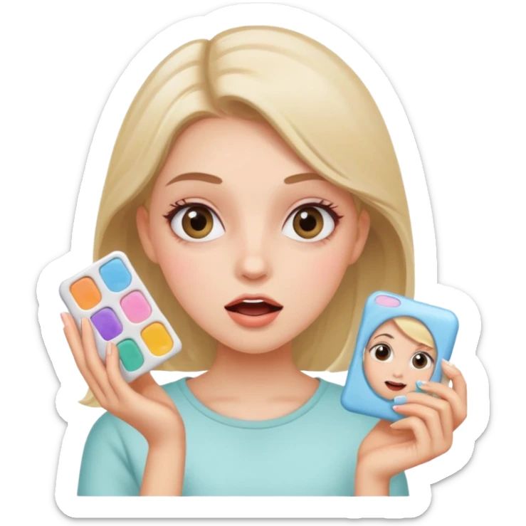 An aesthetic girl with a clean face and delicate shades advertises a sticker pack cosmetics with emotions of surprise sticker